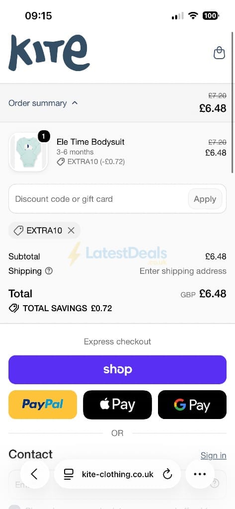 Screenshot of the Kite Clothing discount code working