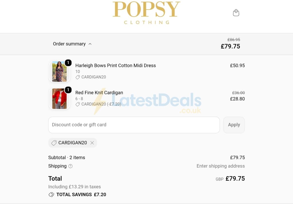 Screenshot of the Popsy Clothing discount code working