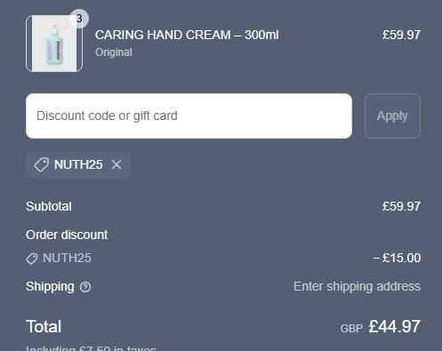 Screenshot of the Nursem discount code working