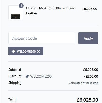 Screenshot of the Handbag Clinic discount code working