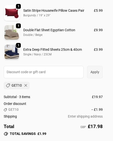 Screenshot of the Yorkshire Bedding discount code working