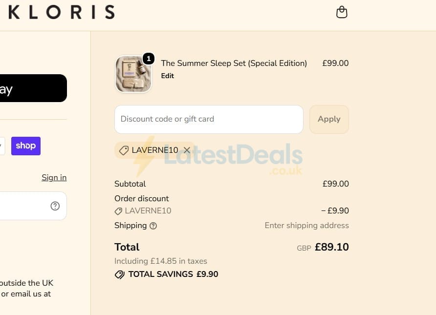 Screenshot of the Kloris discount code working