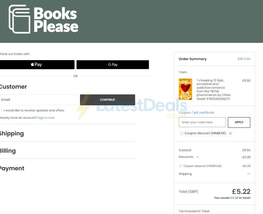 Screenshot of the Books Please discount code working