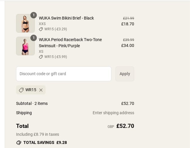 Screenshot of the Wuka discount code working