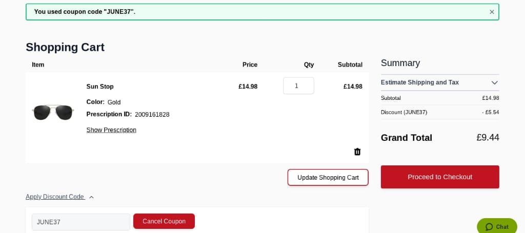 Screenshot of the Goggles4u discount code working