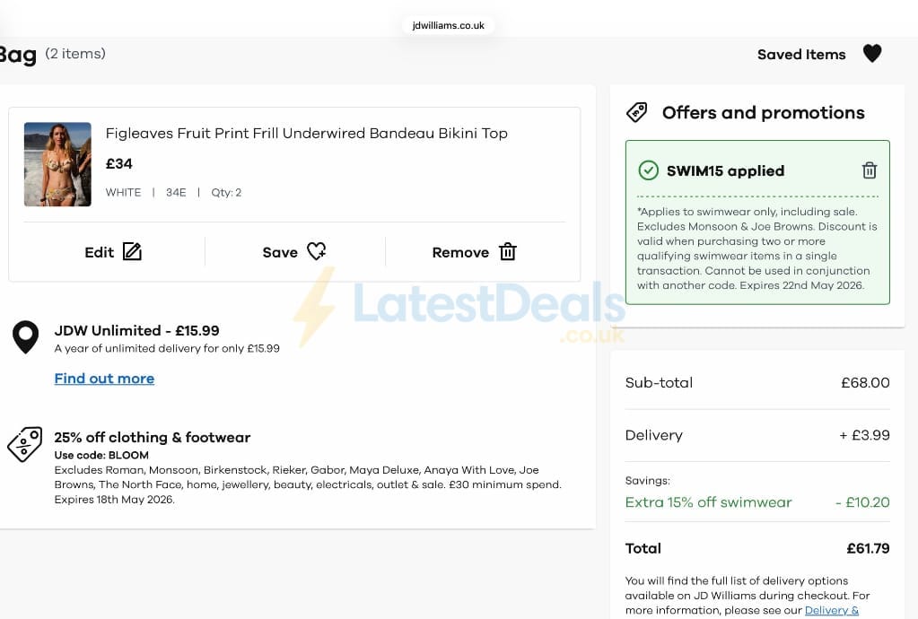 Screenshot of the JD Williams discount code working