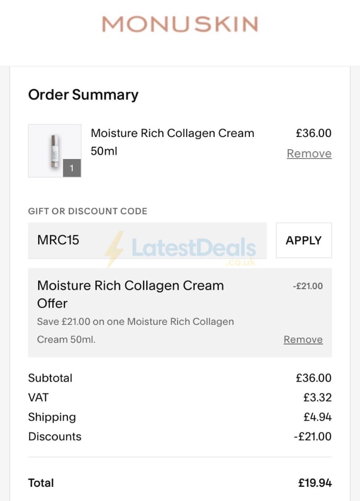 Screenshot of the Monu Shop discount code working