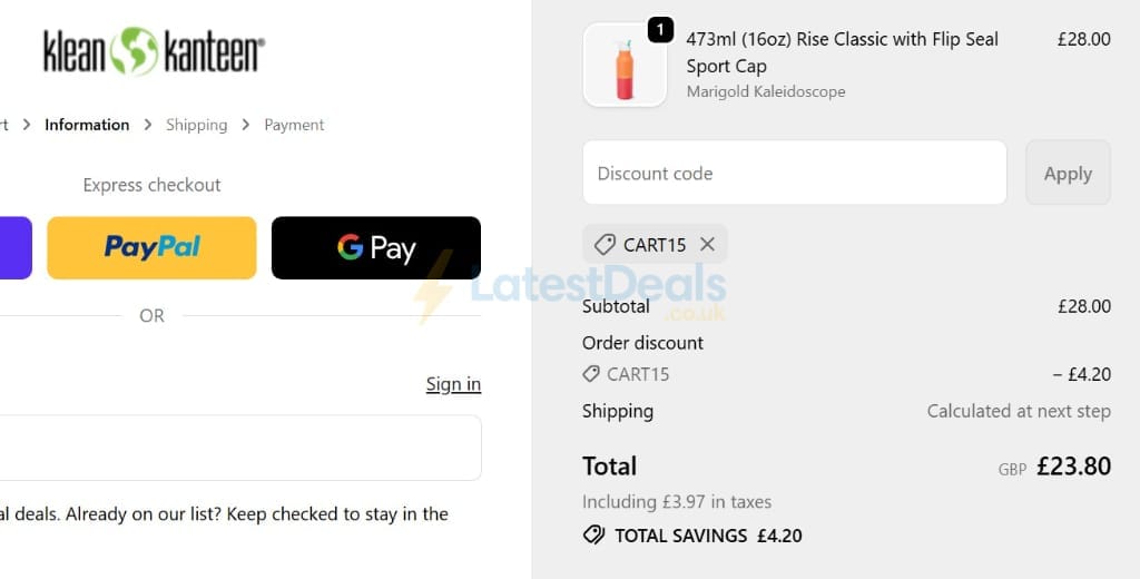 Screenshot of the Klean Kanteen discount code working