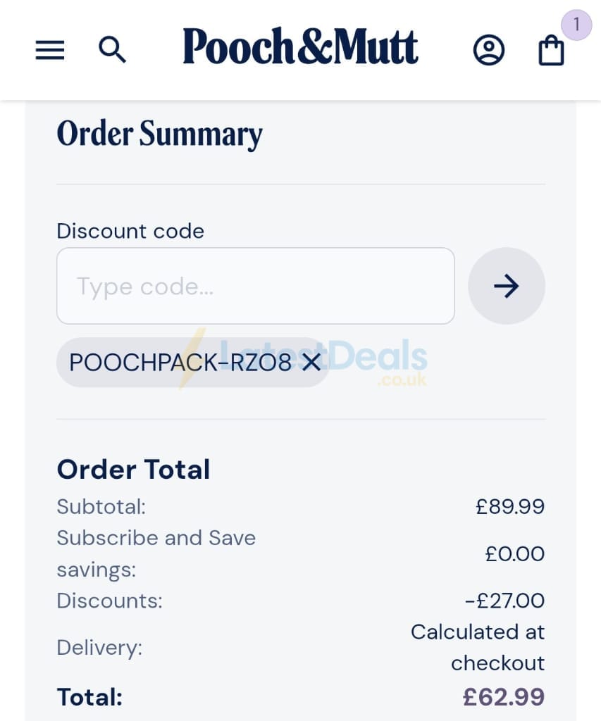 Screenshot of the Pooch & Mutt discount code working