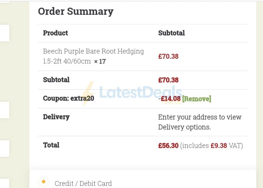 Screenshot of the Hopes Grove Nurseries discount code working