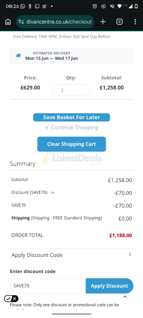 Screenshot of the Divan Beds Centre discount code working