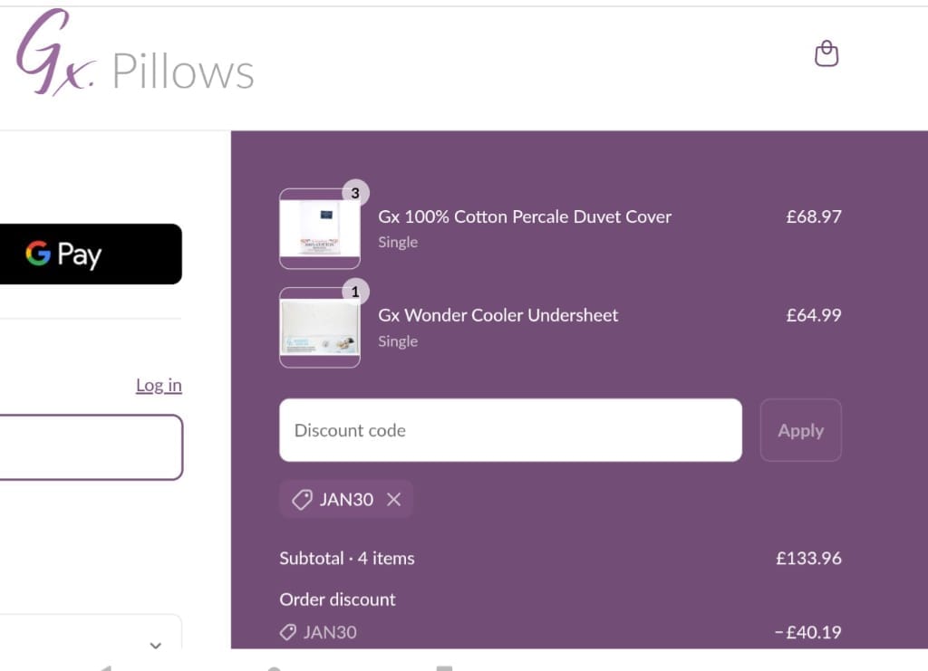 Screenshot of the Gx Pillows discount code working