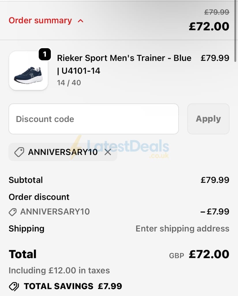 Screenshot of the Rieker discount code working