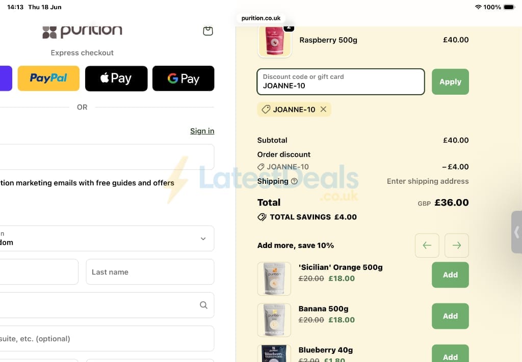 Screenshot of the Purition discount code working