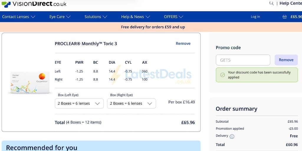 Screenshot of the Vision Direct discount code working
