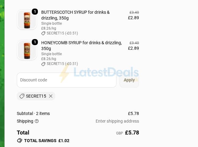 Screenshot of the Sweet Freedom discount code working