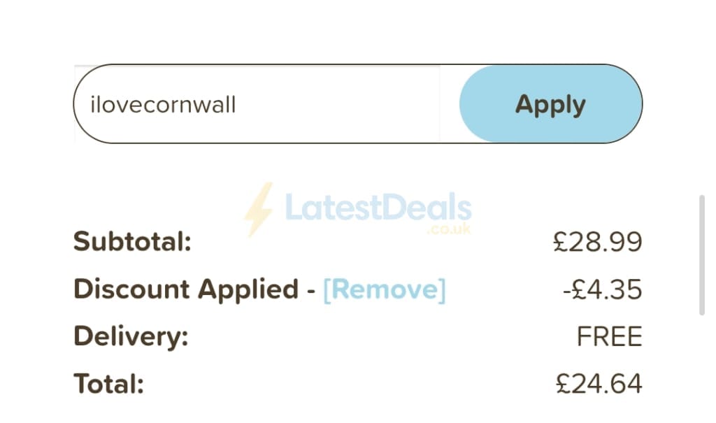 Screenshot of the The Cornish Hamper Store discount code working