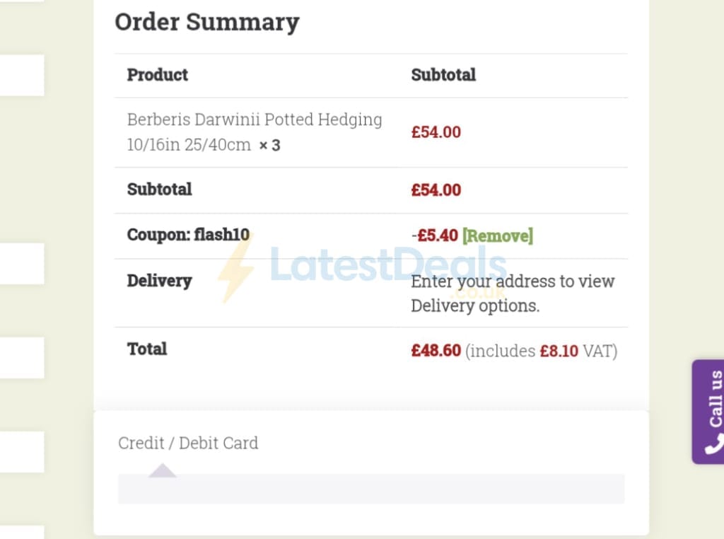 Screenshot of the Hopes Grove Nurseries discount code working