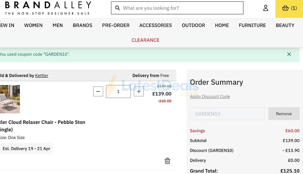 Screenshot of the BrandAlley discount code working