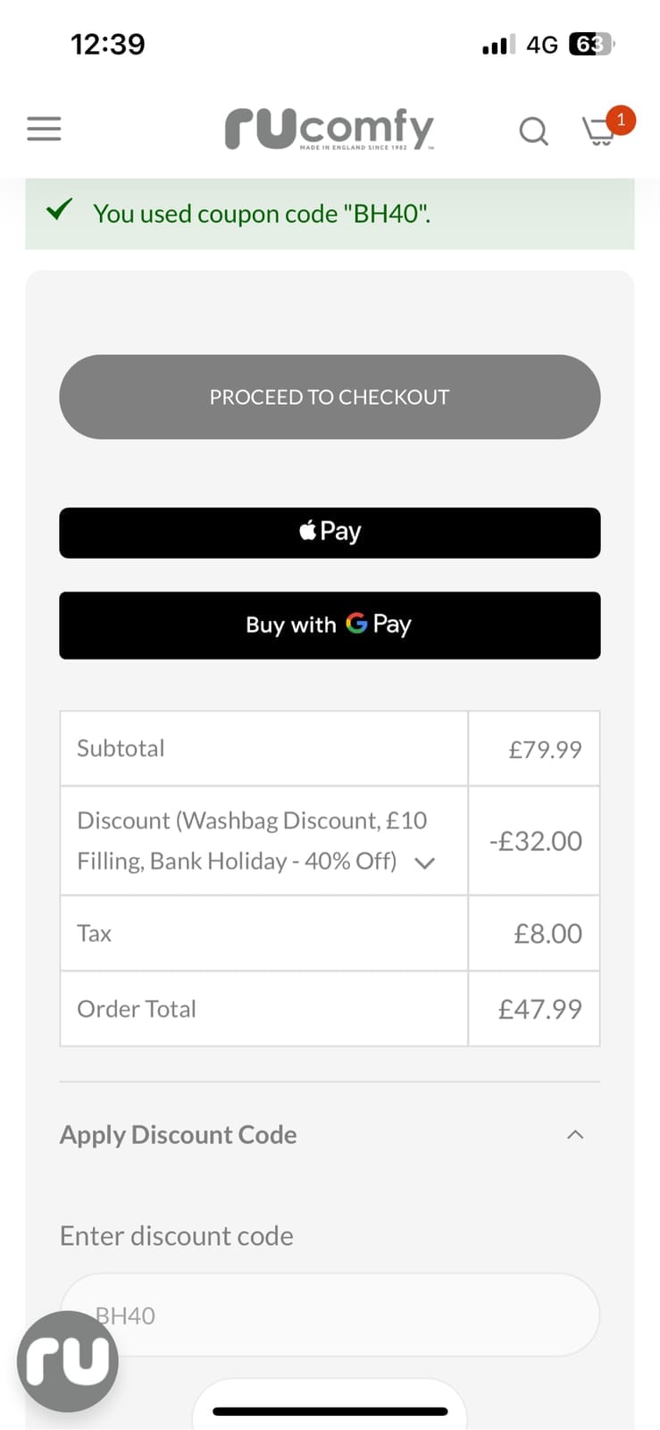 Screenshot of the RUComfy Bean Bags discount code working
