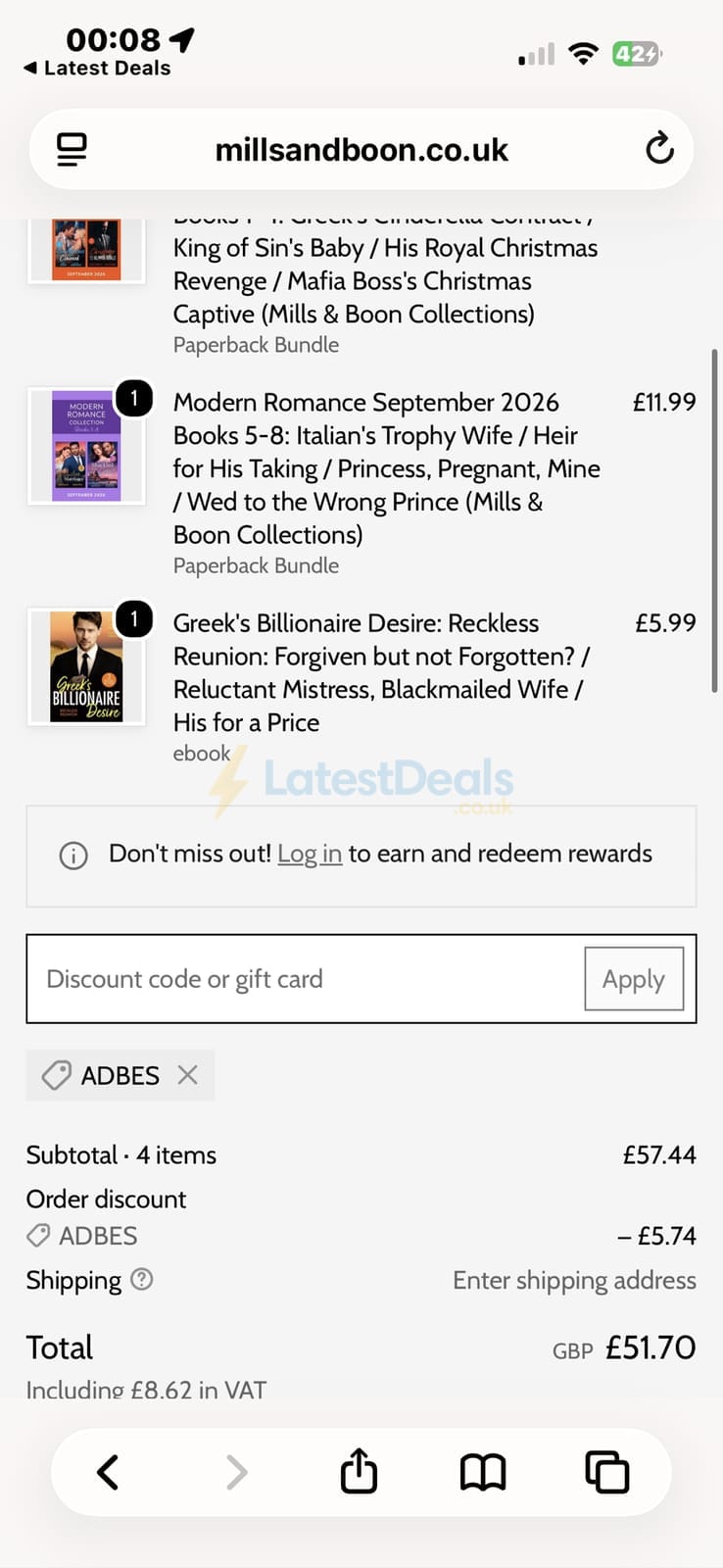 Screenshot of the Mills & Boon discount code working