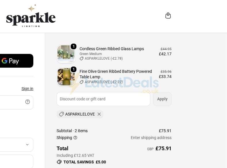 Screenshot of the Sparkle discount code working