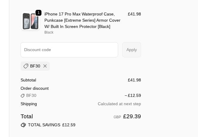 Screenshot of the Punkcases discount code working