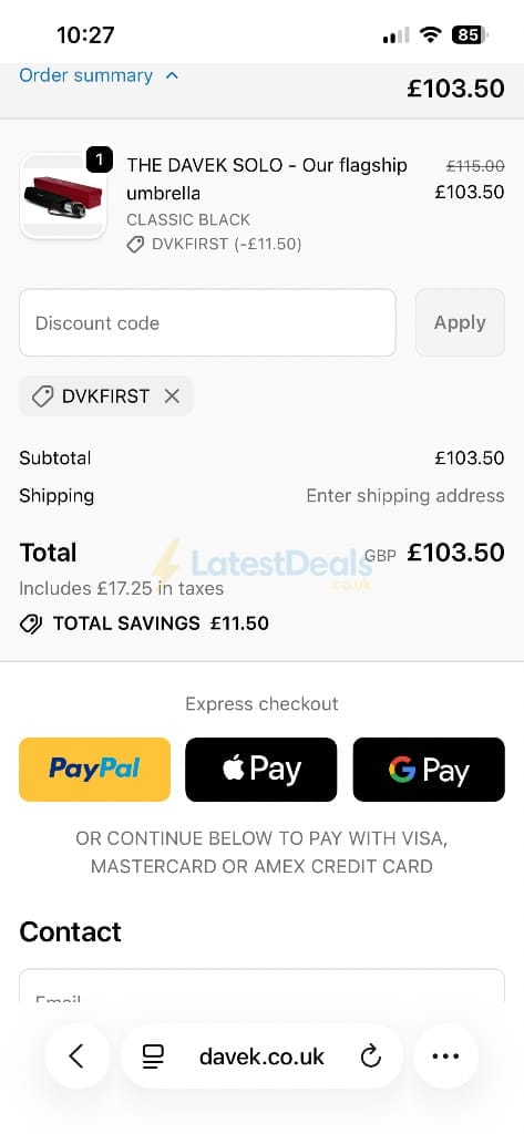 Screenshot of the Davek discount code working