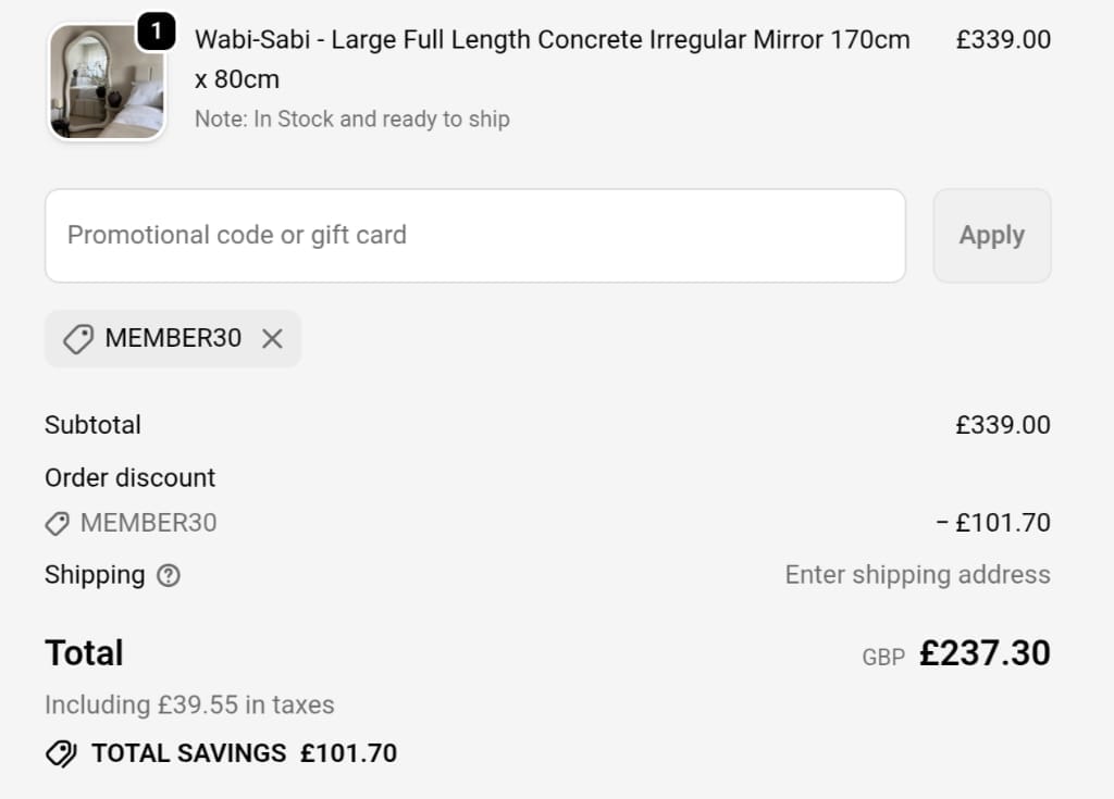 Screenshot of the William Wood Mirrors discount code working