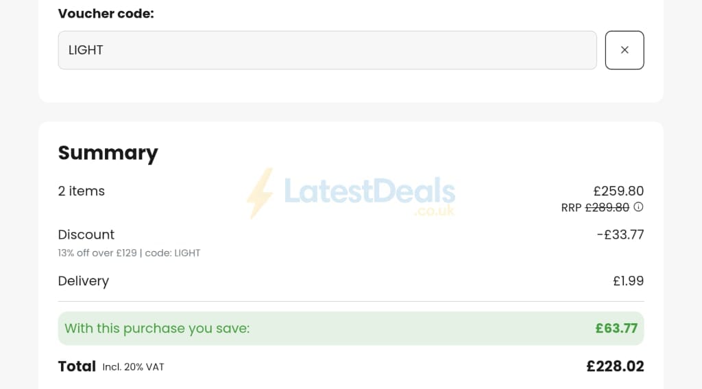 Screenshot of the lights.co.uk discount code working