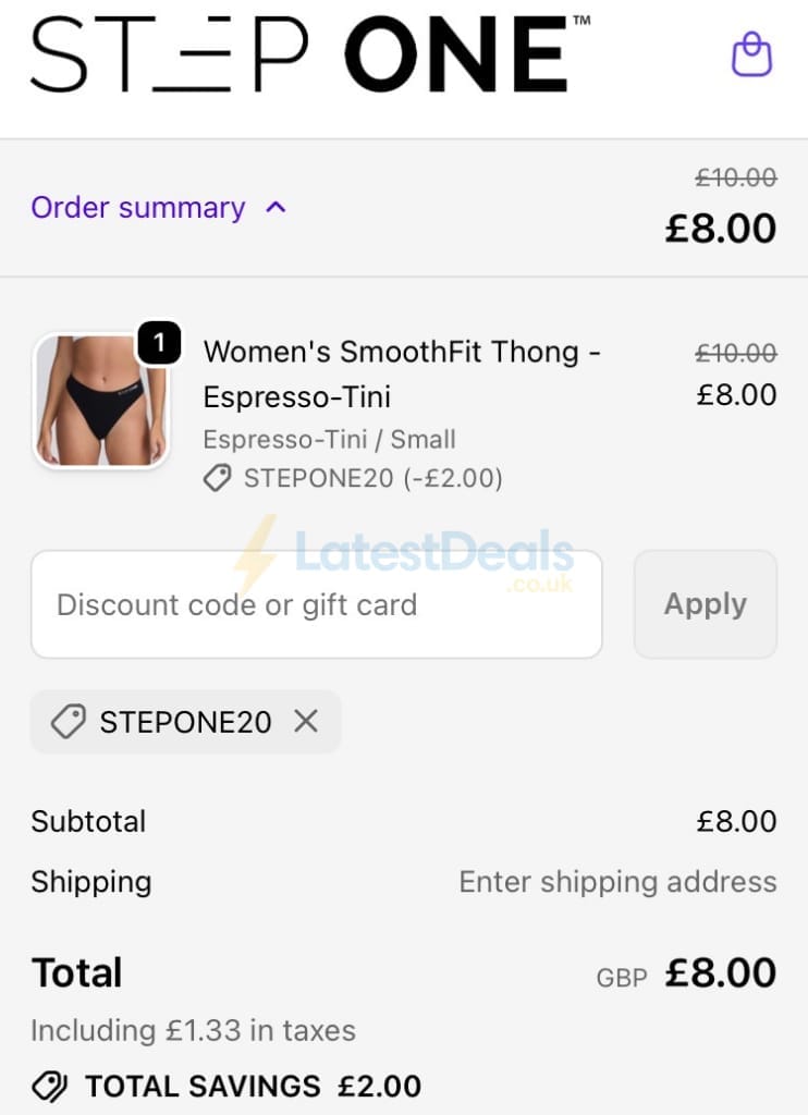 Screenshot of the Step One discount code working