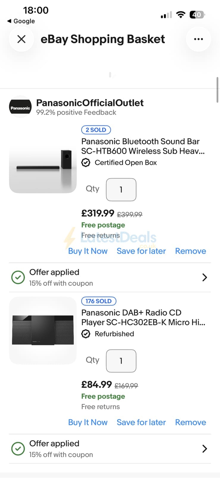Screenshot of the ebay discount code working