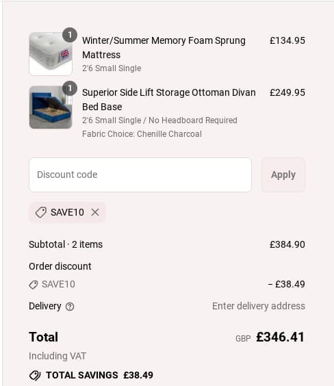 Screenshot of the The Bed Supermarket discount code working