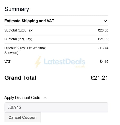 Screenshot of the WoolBox discount code working
