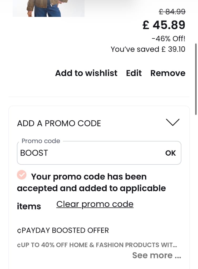 Screenshot of the La Redoute discount code working
