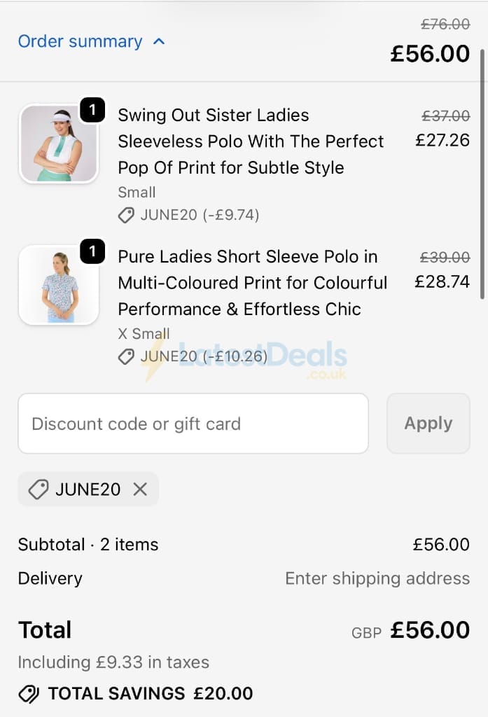 Screenshot of the Golf Garb discount code working