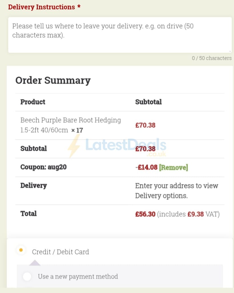 Screenshot of the Hopes Grove Nurseries discount code working