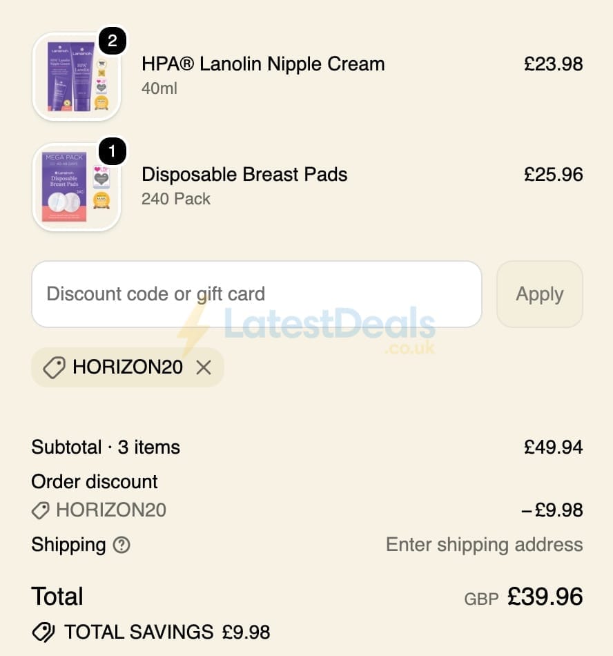 Screenshot of the Lansinoh UK discount code working