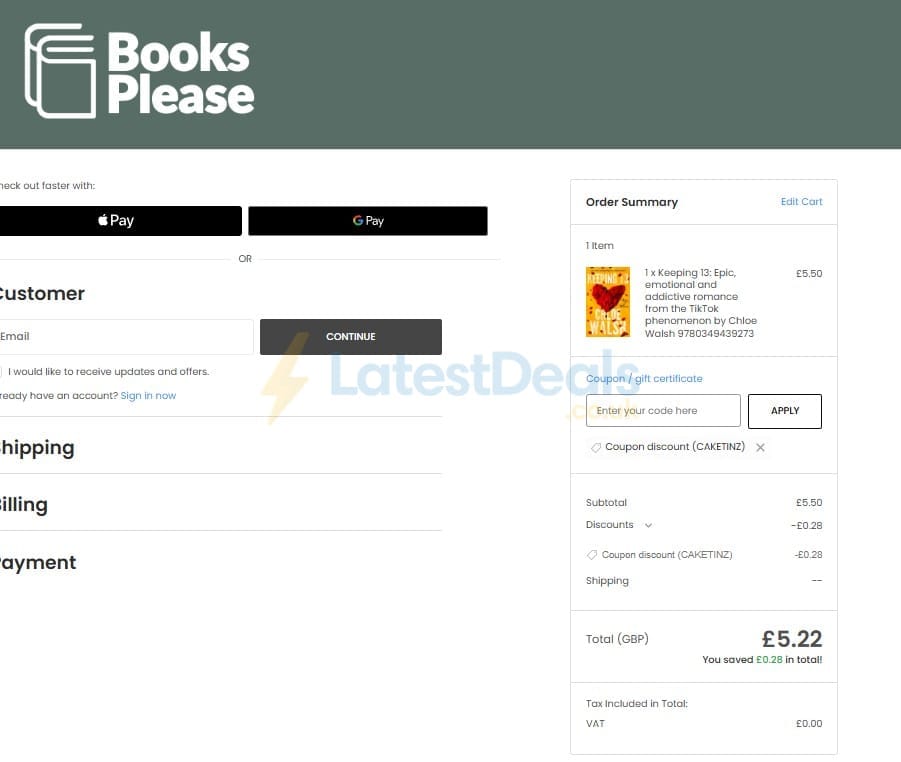 Screenshot of the Books Please discount code working