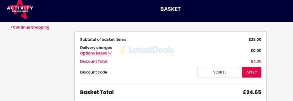 Screenshot of the Activity Superstore discount code working