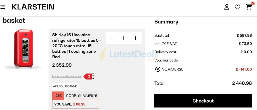Screenshot of the Klarstein discount code working