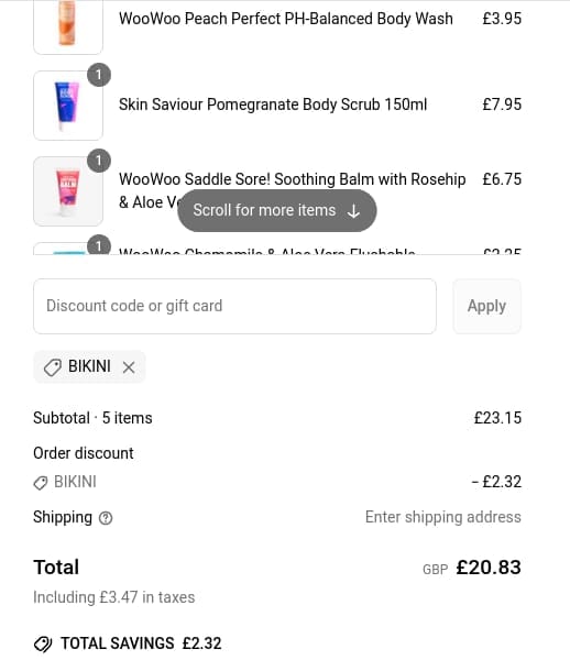 Screenshot of the WooWoo discount code working