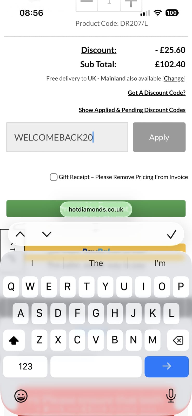 Screenshot of the Hot Diamonds discount code working