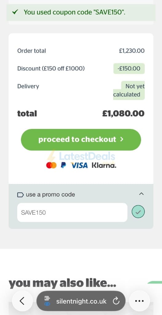 Screenshot of the Silentnight discount code working