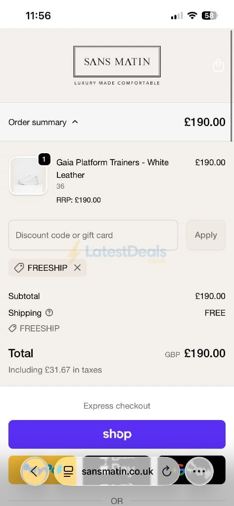 Screenshot of the SANS MATIN discount code working