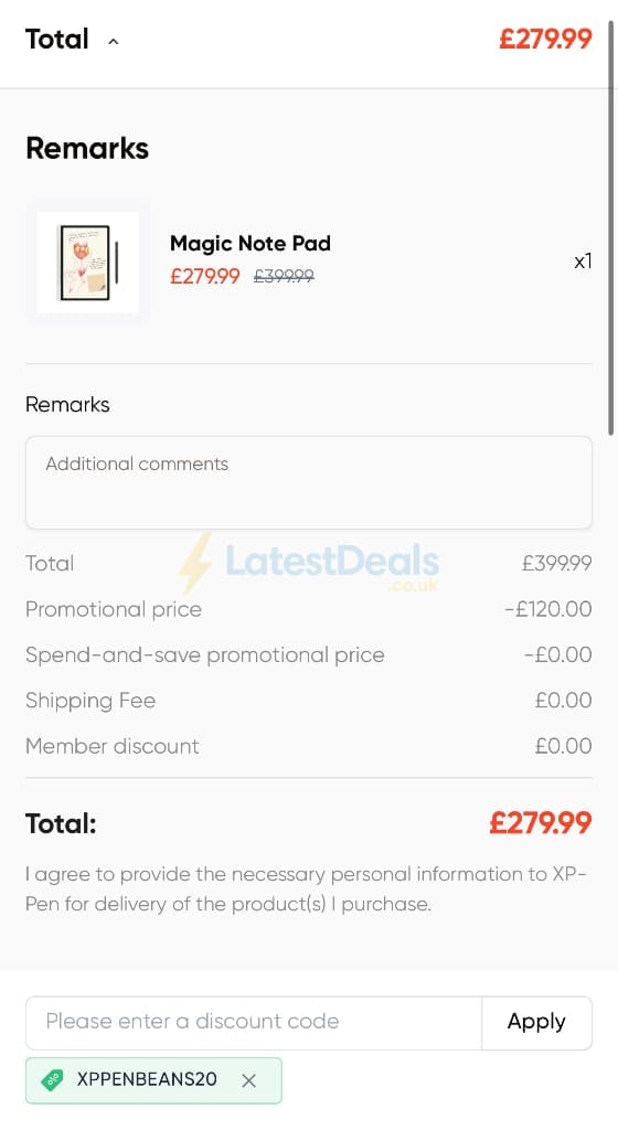 Screenshot of the XP-Pen discount code working