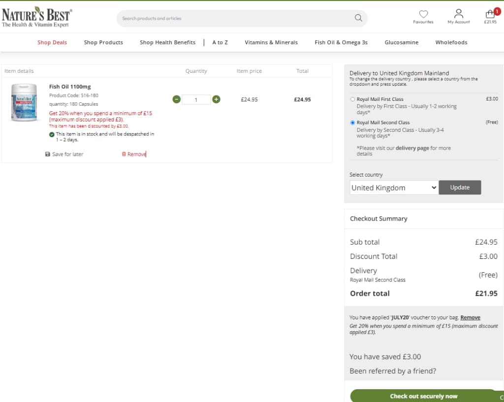 Screenshot of the Nature's Best discount code working