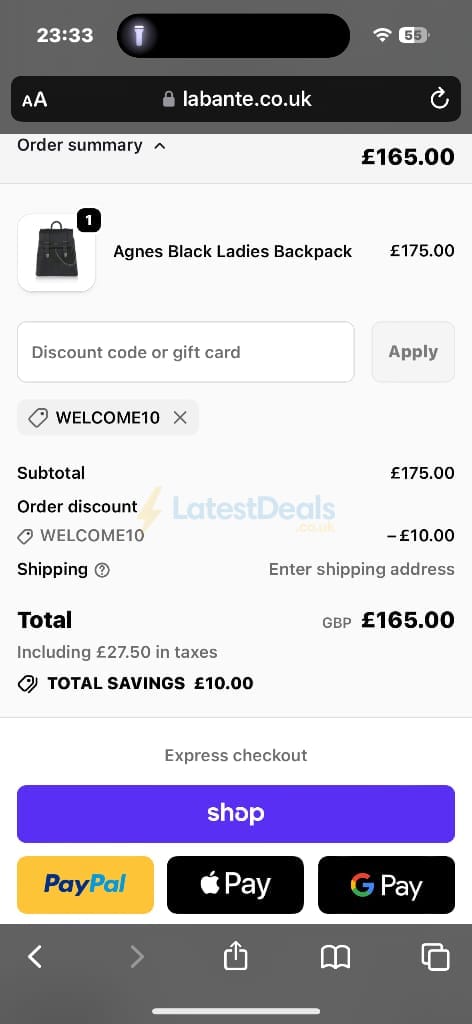 Screenshot of the Labante London discount code working