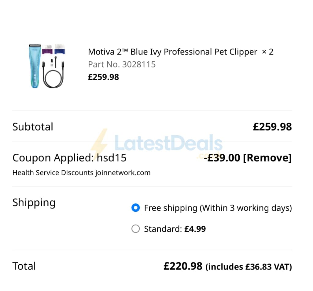 Screenshot of the Wahl discount code working