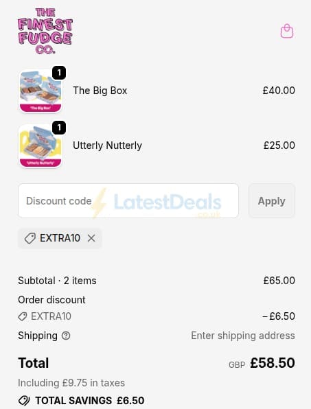 Screenshot of the The Finest Fudge Co. discount code working